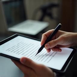 Producer editing podcast script on tablet
